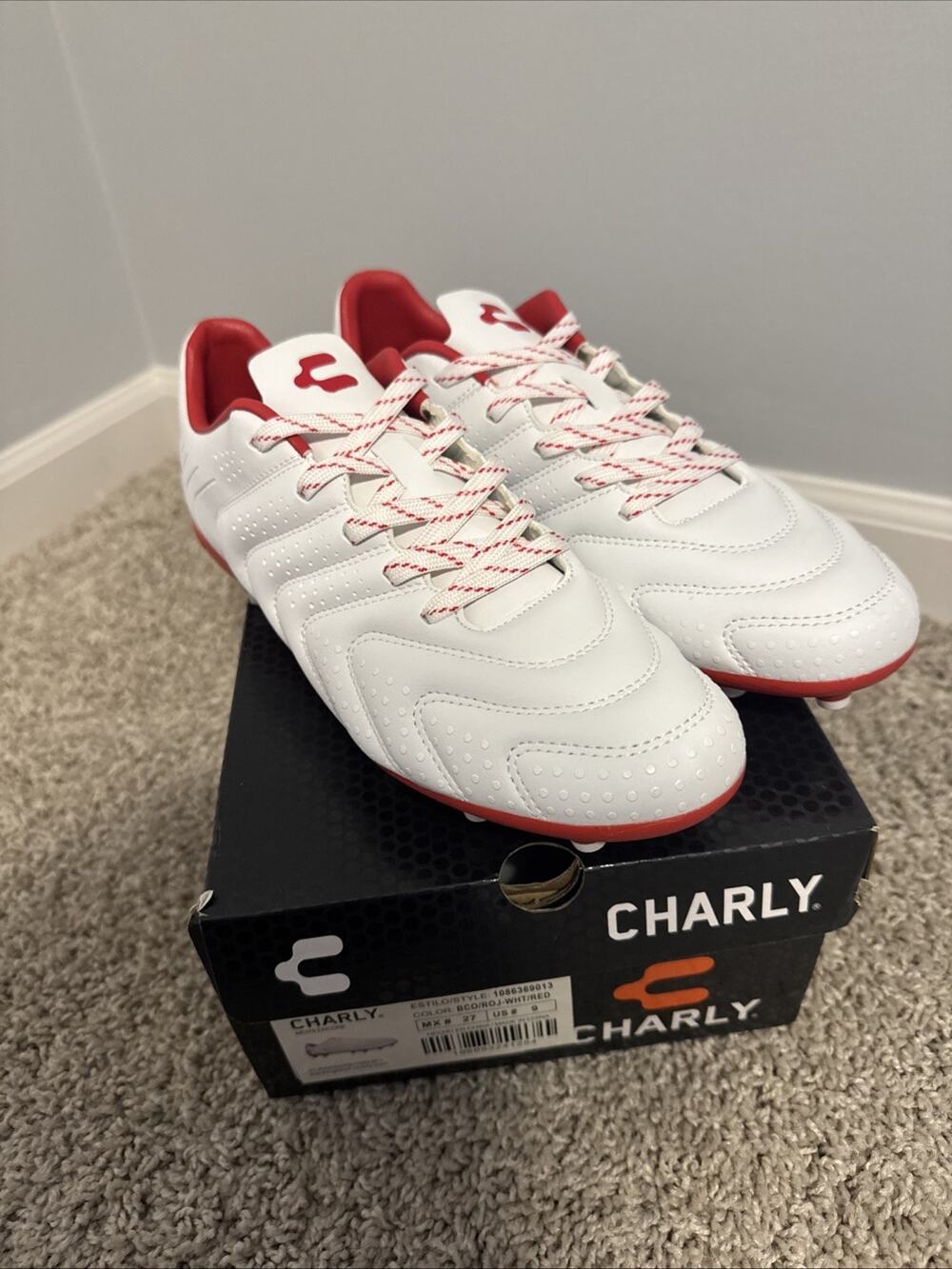 Charly Men's Encore FG Soccer Cleats White Red Size 9